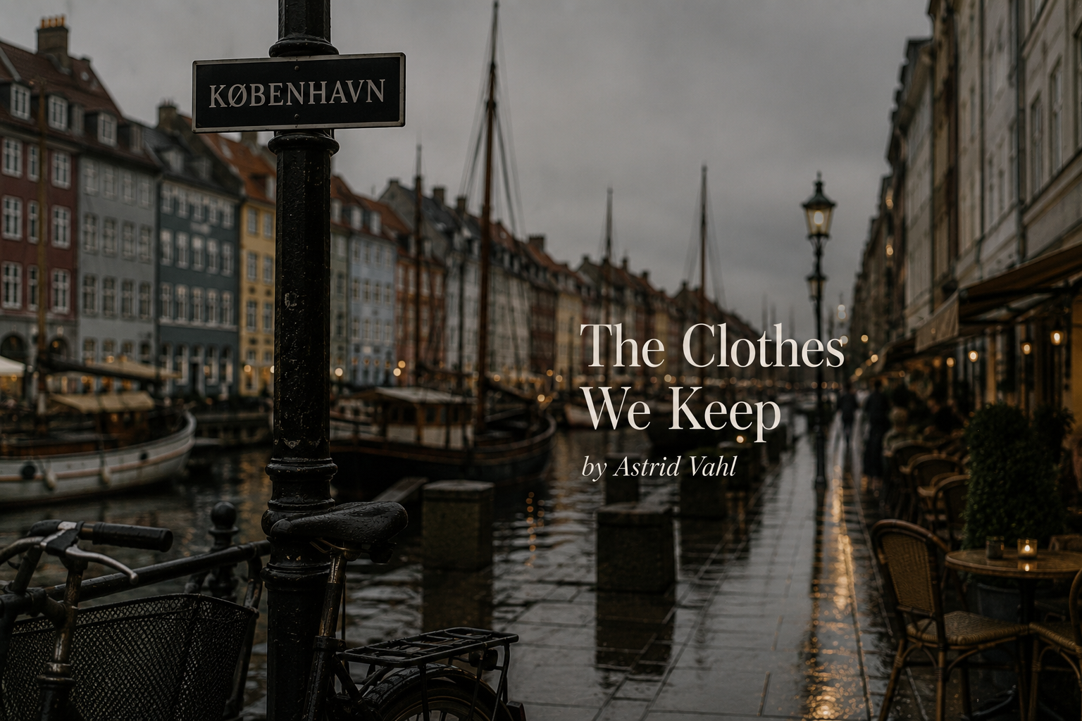 A rainy Copenhagen street beside the canal, titled The Clothes We Keep by Astrid Vahl